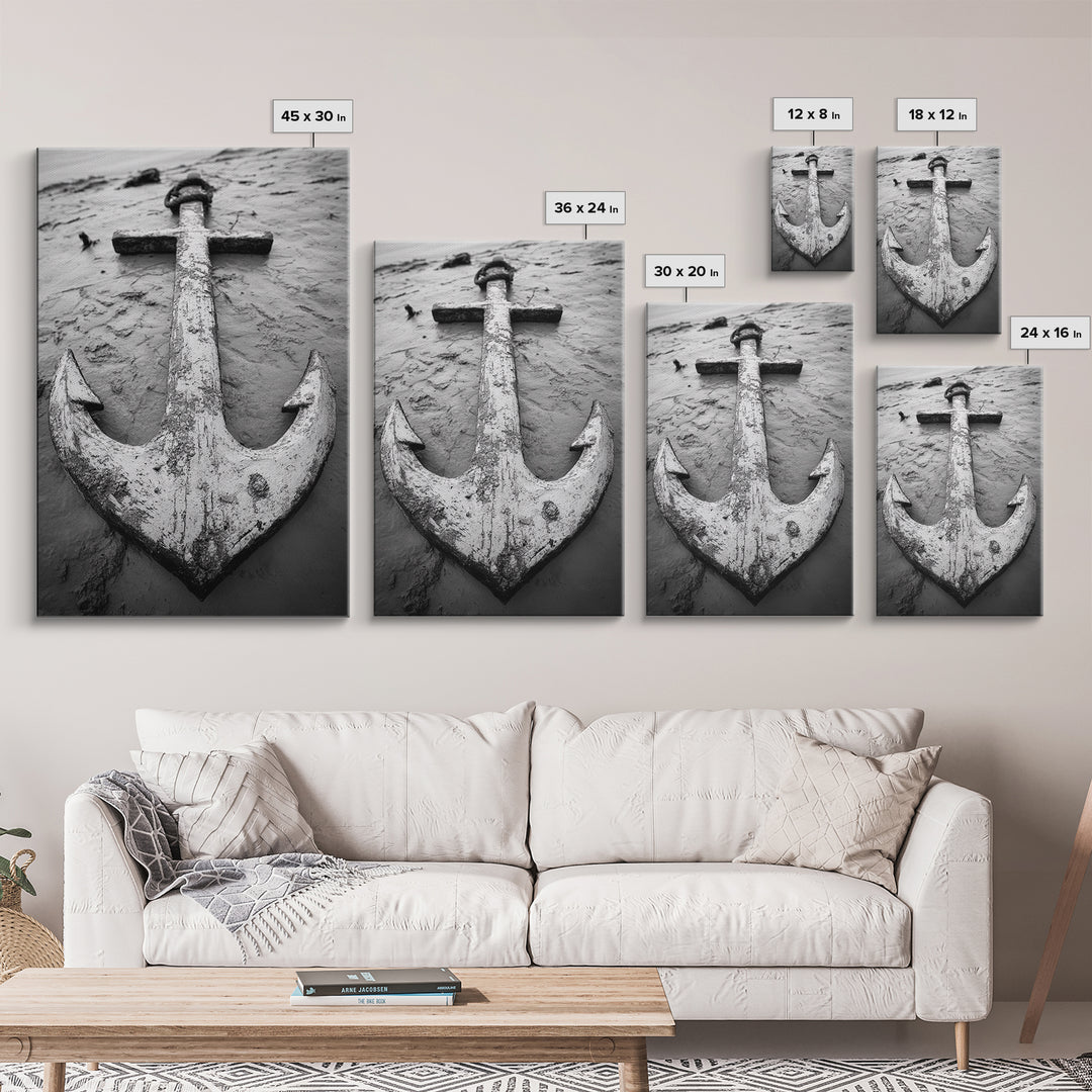 Abandoned Anchor, Nautical Decor, Black White Beach, Framed Canvas Print, Rustic Coastal Wall Art, Entryway Nautical Accent