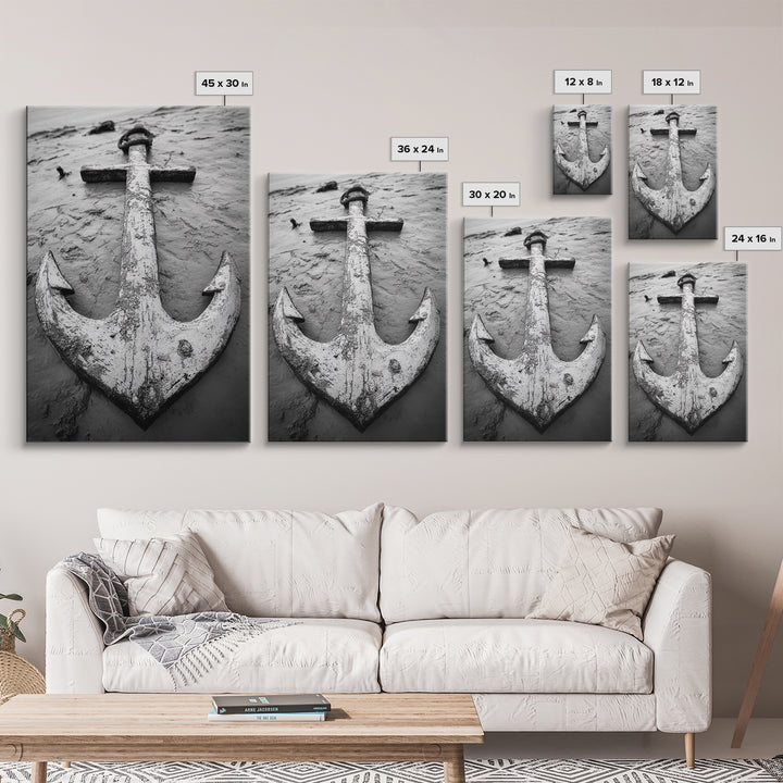 Abandoned Anchor, Nautical Decor, Black White Beach, Framed Canvas Print, Rustic Coastal Wall Art, Entryway Nautical Accent