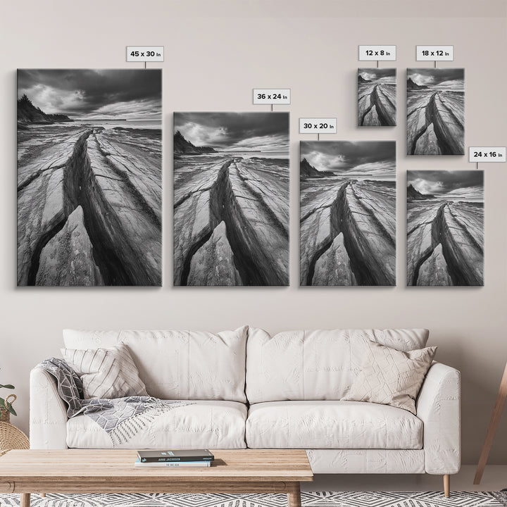 Coastal Rock Divide, Nature Pathway, Moody Beach Print, Living Room Decor, Framed Canvas Print, Minimalist Earthy Wall Art, Den Decor