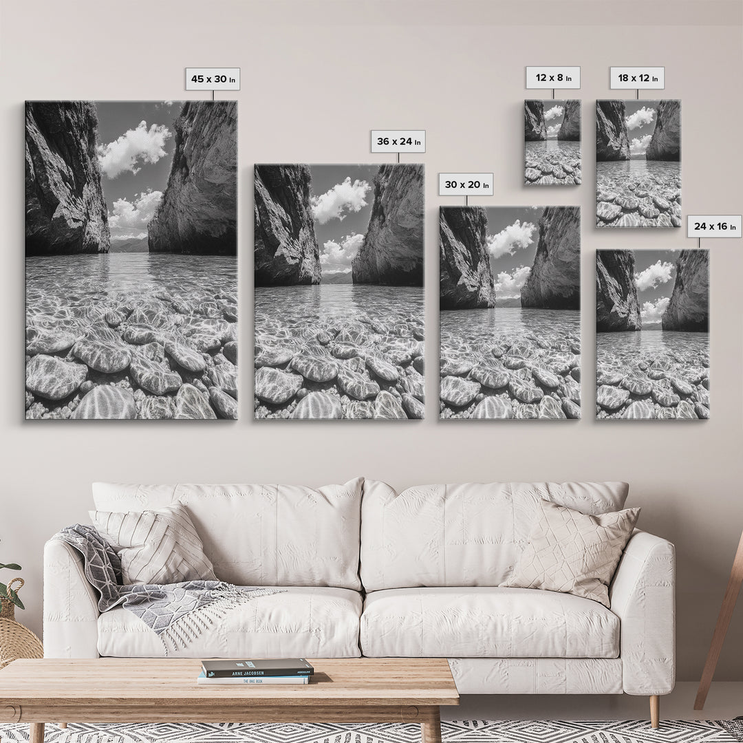 Clear Waterscape, Rocky Shoreline, Tropical Escape, Nature Photography, Framed Canvas Print, Beach House Coastal Wall Art