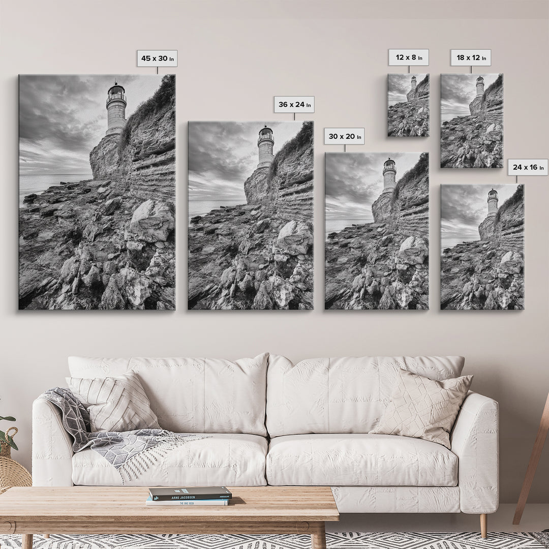 Lighthouse Beacon, Rocky Shoreline, Nautical Coastal Scene, Framed Canvas Print, Ocean View Art, Seaside Living Room Wall Decor