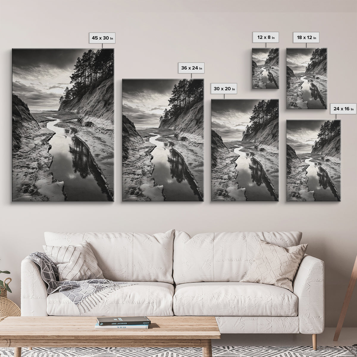 River Canyon, Dramatic Sky, Nature Pathway, Canvas Print, Adventure Wall Art, Cabin Decor, Black White Landscape Photography