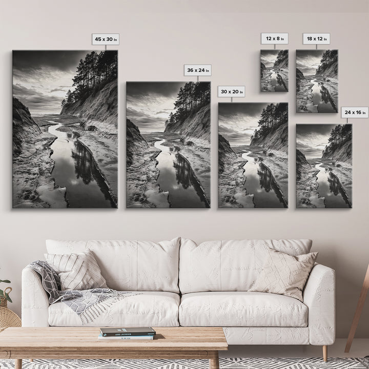 River Canyon, Dramatic Sky, Nature Pathway, Canvas Print, Adventure Wall Art, Cabin Decor, Black White Landscape Photography