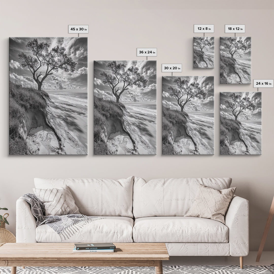 Coastal Tree Scene, Wind Swept Dune, Ocean Beach Horizon, Autumn Coastal Wall Art, Framed Canvas Print, Nature Lover Home Decor