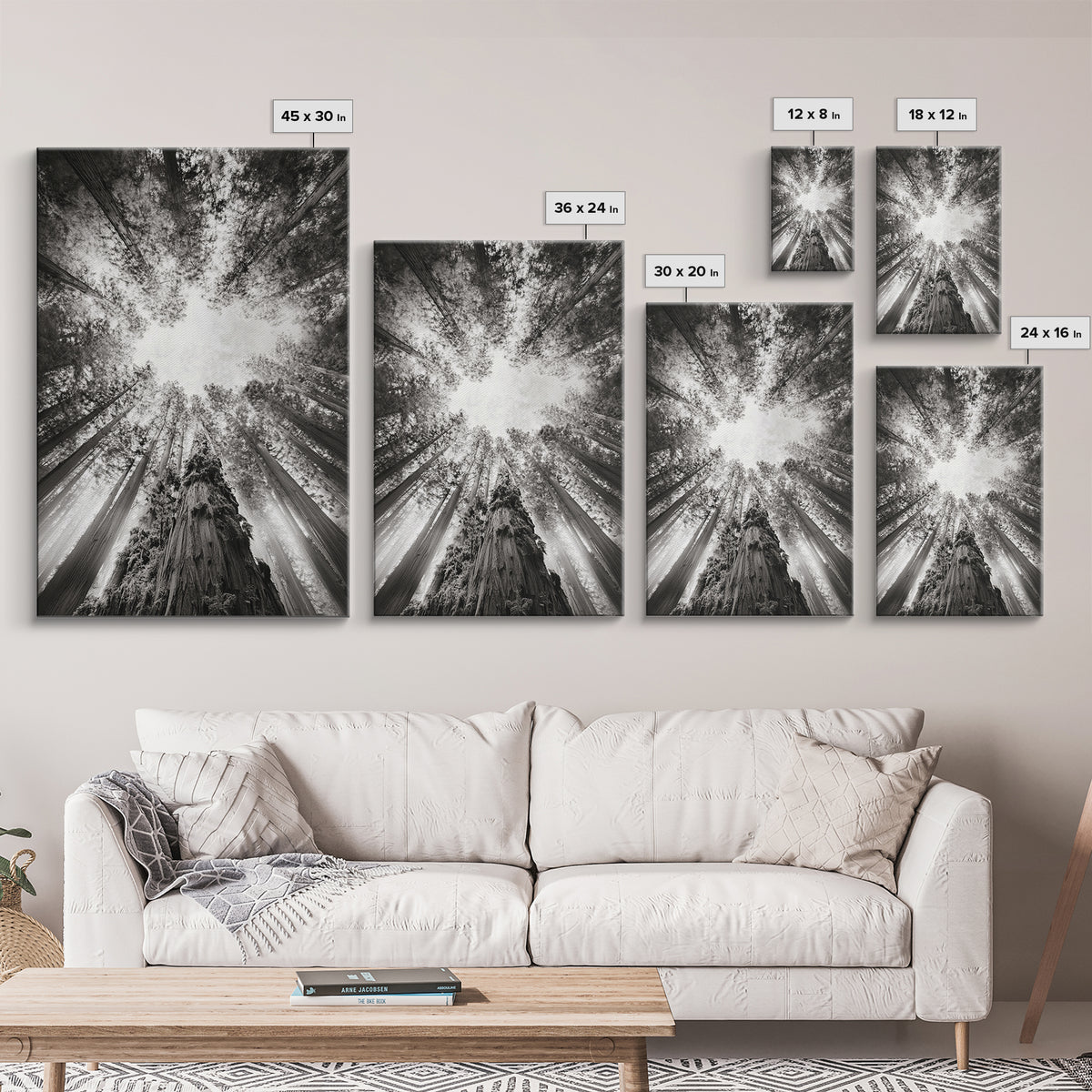Redwood Canopy Sky, Majestic Forest Trees, Vertical Nature Scene, Framed Canvas Print, Wilderness Wall Art, Lodge or Den Decor