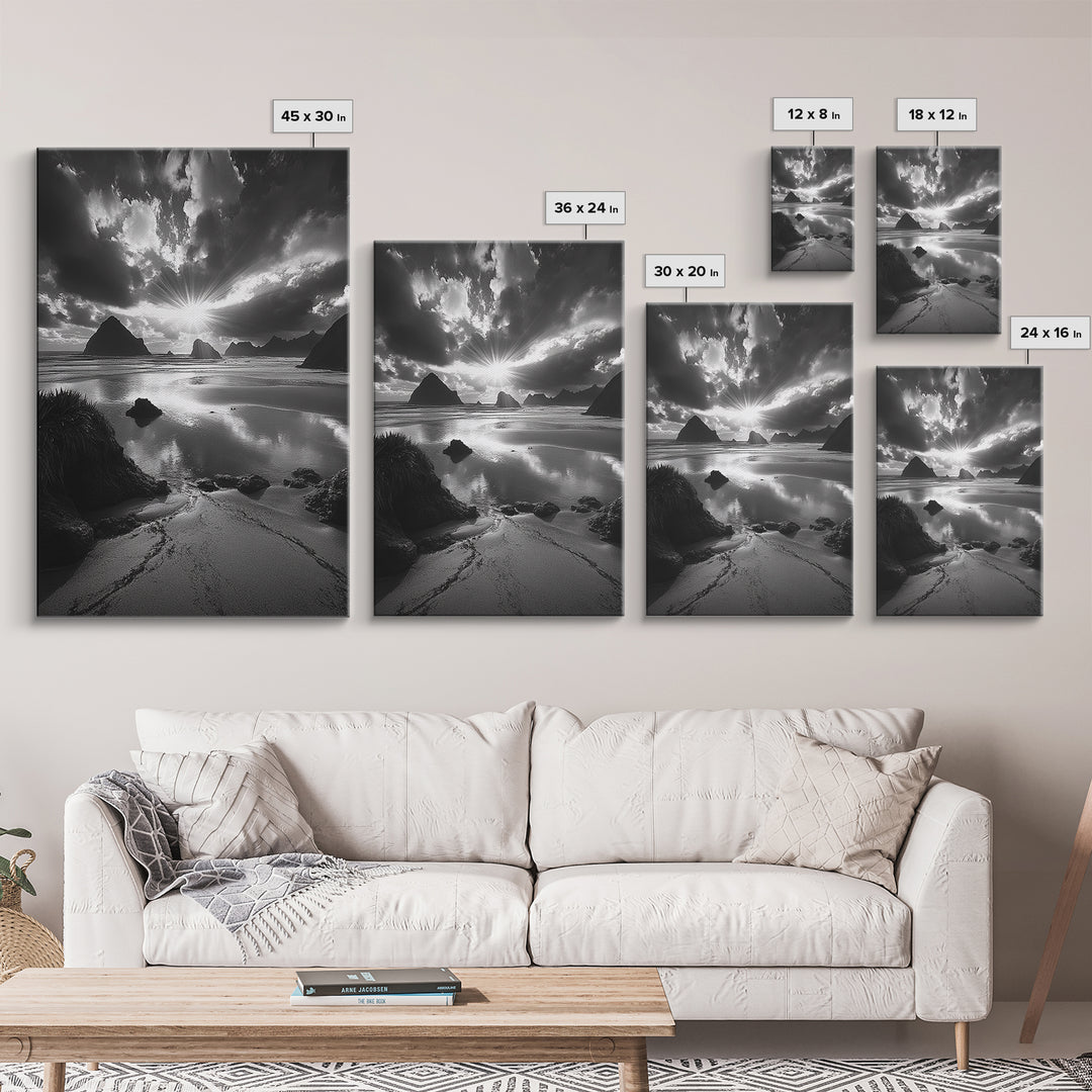 Dramatic Ocean Sunset, Coastal Mountains, Seascape Photography, Canvas Print, Stormy Sky Art, Living Room Focal Wall Decor