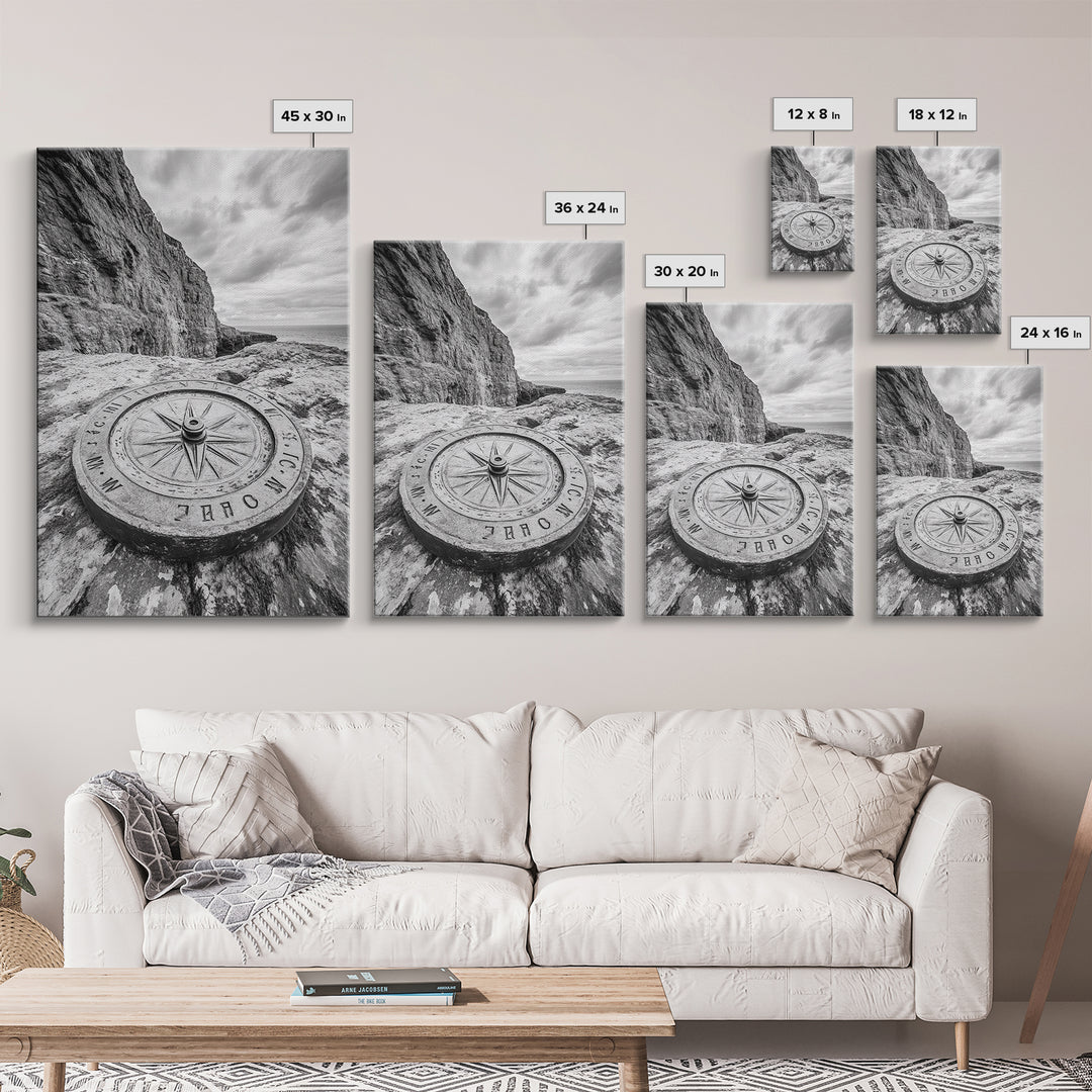 Compass On Cliff, Adventure Travel Art, Nautical Wall Decor, Framed Canvas Print, Rustic Office Art, Nature Explorer Gift Idea