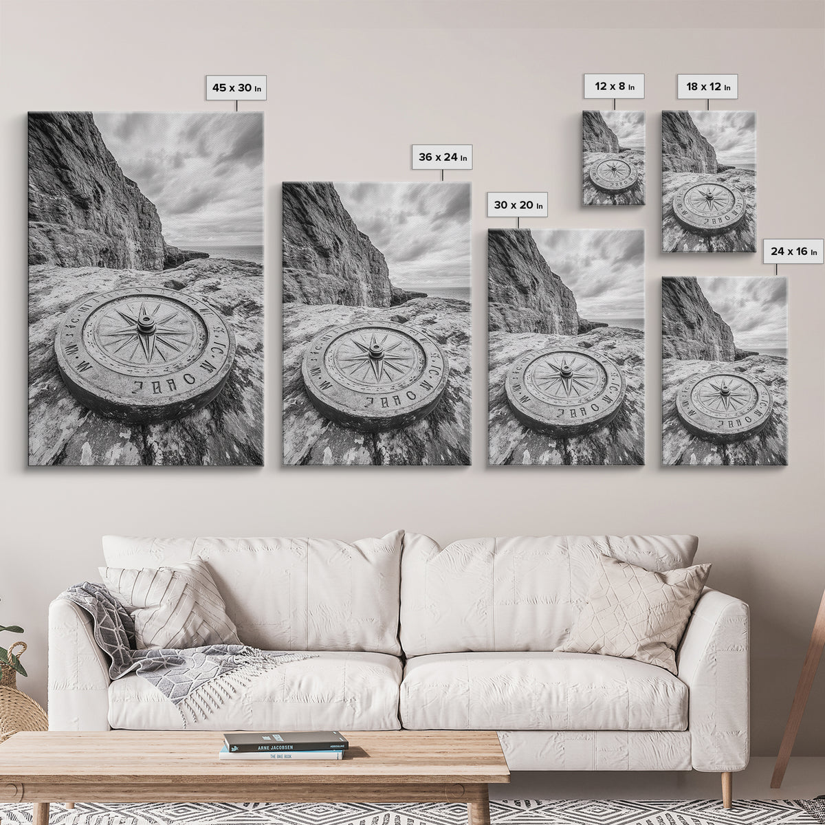 Compass On Cliff, Adventure Travel Art, Nautical Wall Decor, Framed Canvas Print, Rustic Office Art, Nature Explorer Gift Idea