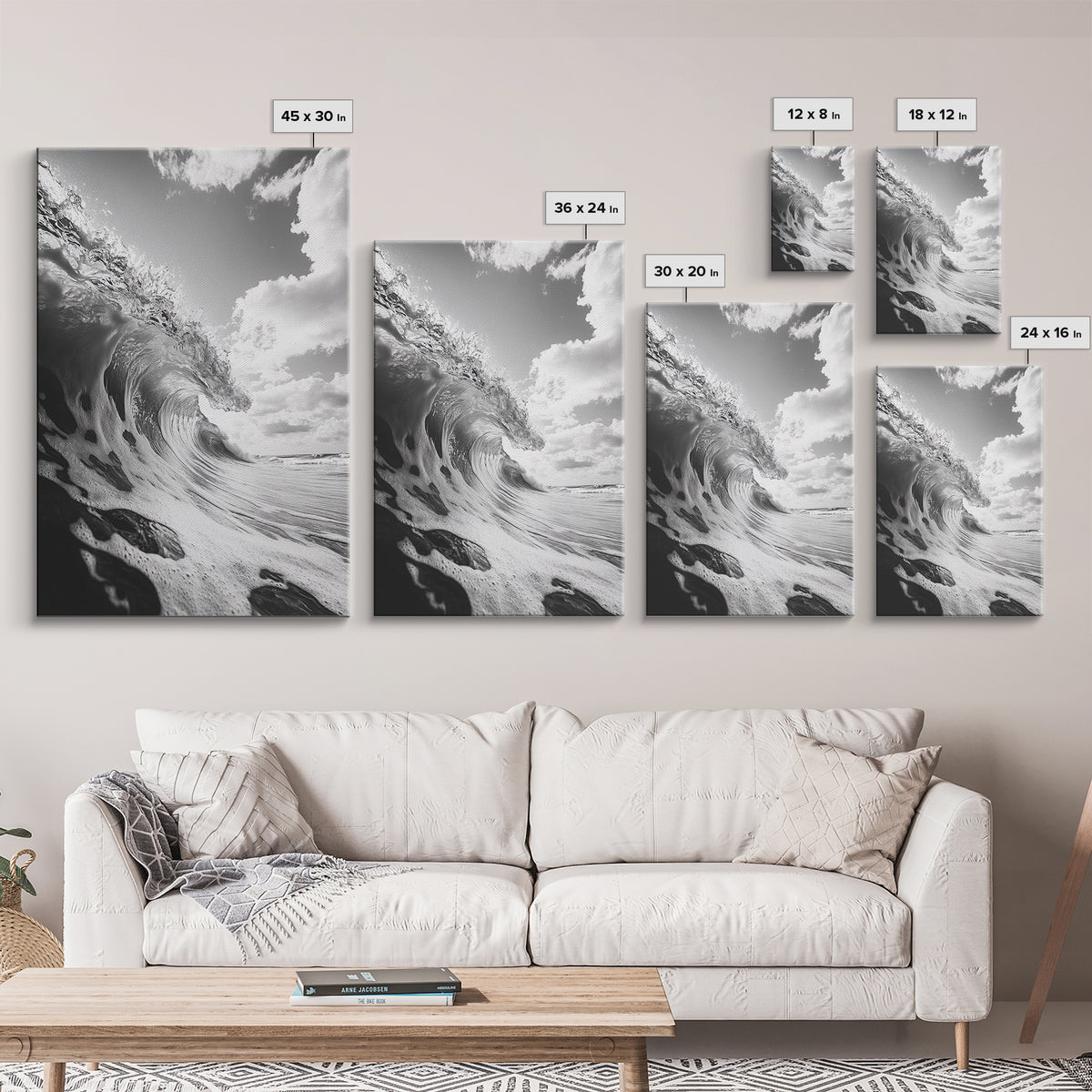 Crashing Ocean Wave, Surf Motion Art, Coastal Energy Print, Seascape Minimalism, Framed Canvas Print, Bathroom Wall Decor, Modern Beach Art