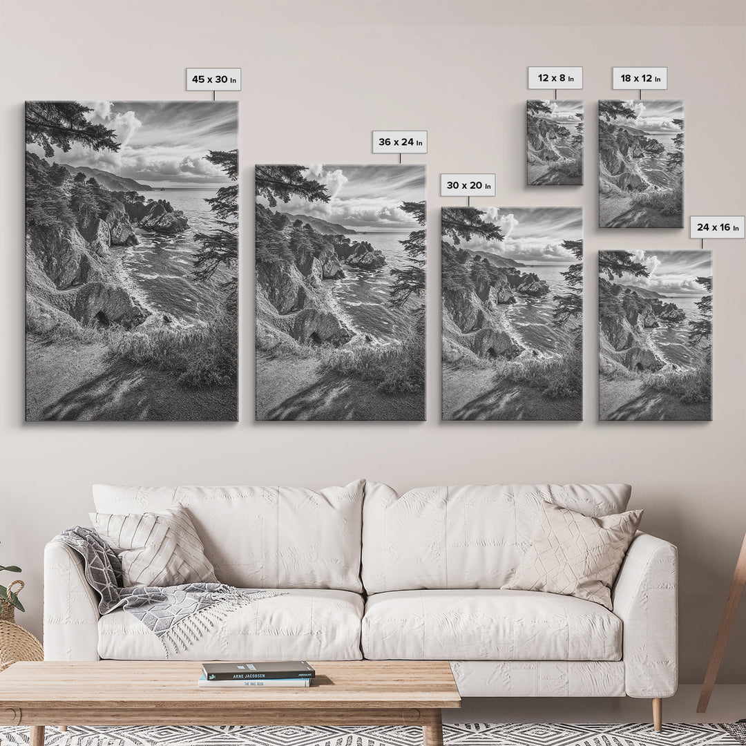 Coastal Cliff, Ocean View, Rocky Shoreline, Framed Canvas Print, Black and White Art, Coastal Living Wall Decor, Nature Landscape Art