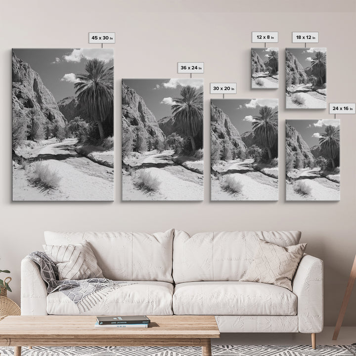 Desert Oasis, Palm Trees, Canyon Trail, Framed Canvas Print, Nature Photography Art, Warm Boho Wall Decor, Rustic Entryway Accent