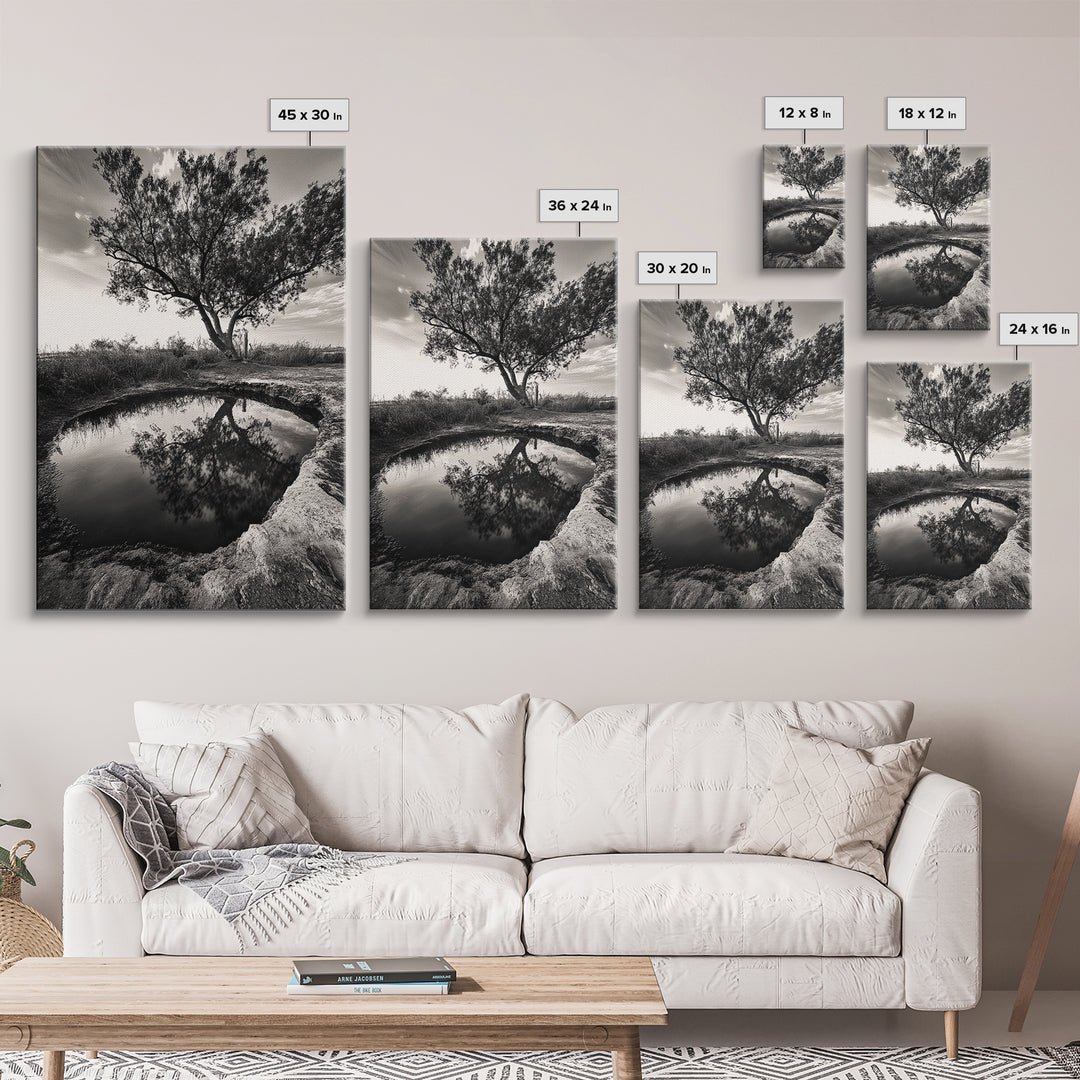 Tree Reflection, Still Water, Peaceful Nature, Framed Canvas Print, Tranquil Wall Art, Rustic Bedroom Decor, Black and White Photography