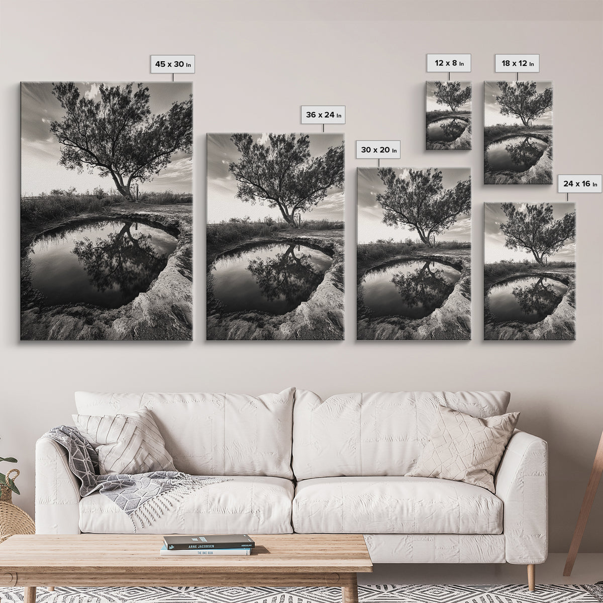 Tree Reflection, Still Water, Peaceful Nature, Framed Canvas Print, Tranquil Wall Art, Rustic Bedroom Decor, Black and White Photography