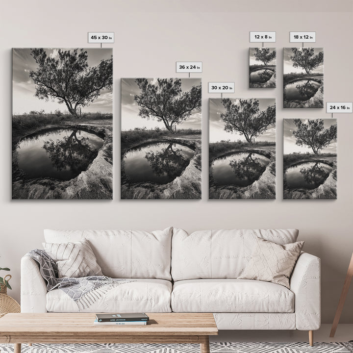Tree Reflection, Still Water, Peaceful Nature, Framed Canvas Print, Tranquil Wall Art, Rustic Bedroom Decor, Black and White Photography