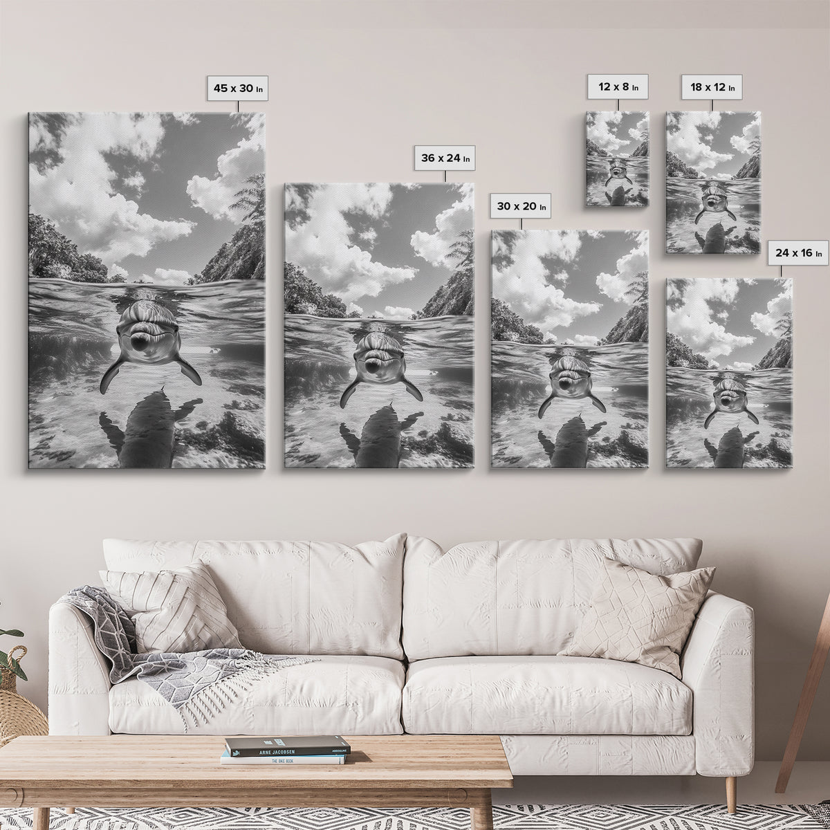 Dolphin Play, Ocean Joy, Underwater View, Canvas Print, Nautical Wall Art, Coastal Bathroom Decor, Playful Beach House Style