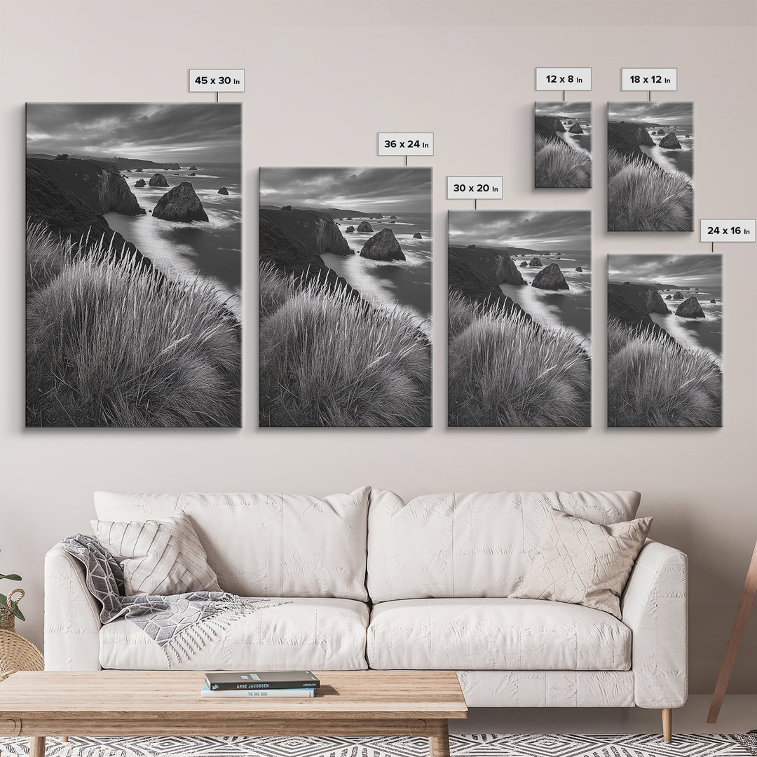 Coastal Cliffs, Ocean Rocks, Tall Grass, Canvas Print, Windswept Landscape Art, Beach House Wall Decor, Monochrome Nature Scene