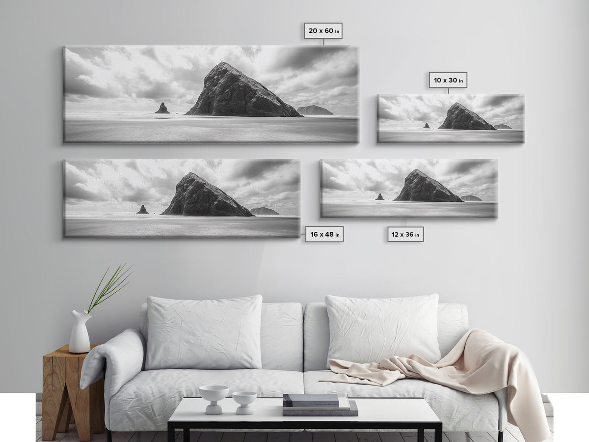 Sea Stack, Beach Horizon, Dramatic Sky, Monochrome Seascape, Framed Canvas Print, Coastal Wall Art, Modern Minimalist Entryway Decor