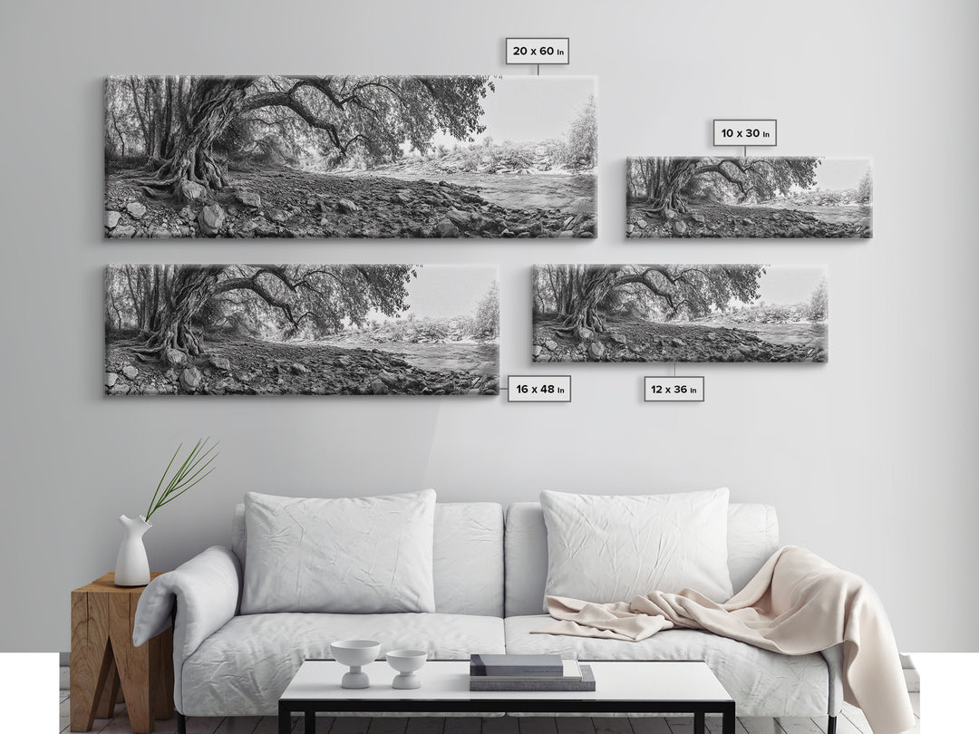 River Tree Roots, Tranquil Forest Landscape, Nature Wall Decor, Framed Canvas Print, Living Room Art, Black and White Earthy Style
