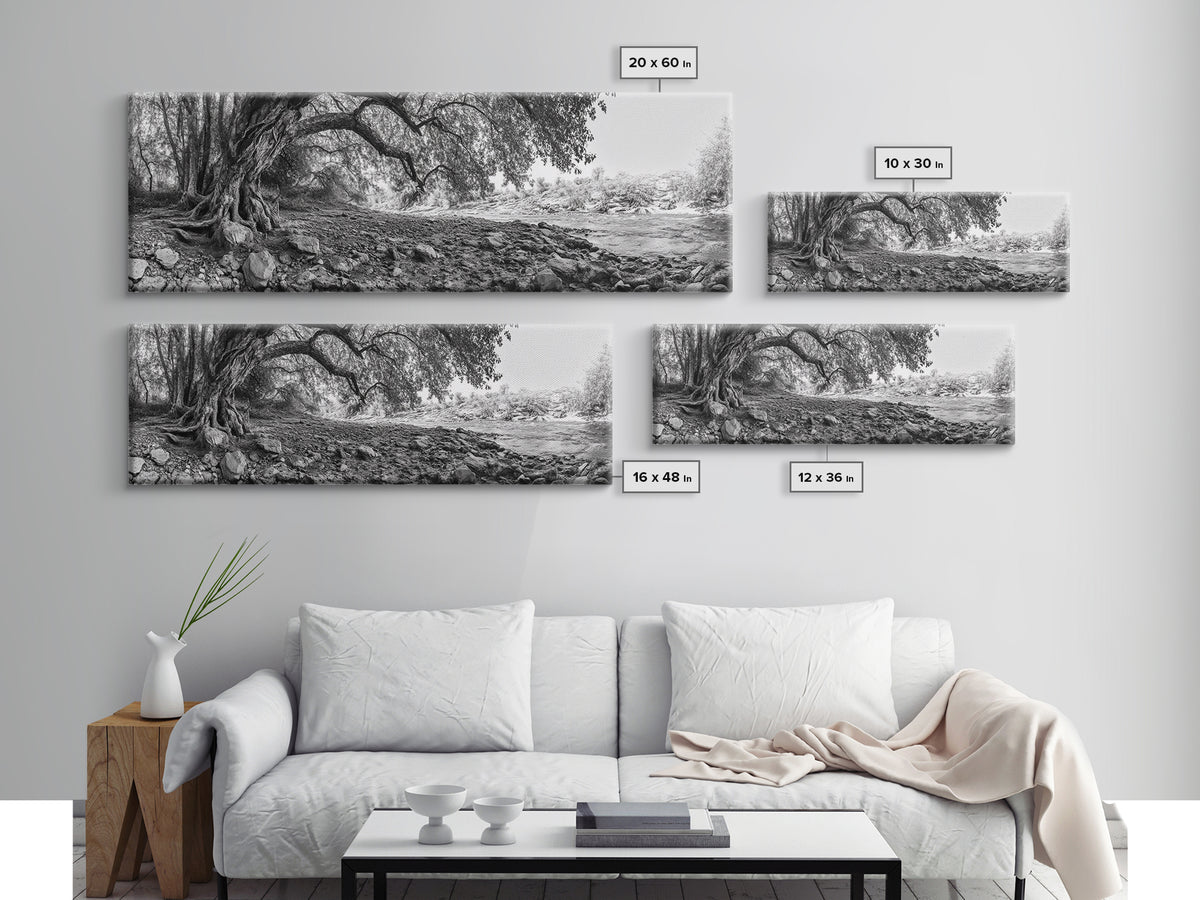 River Tree Roots, Tranquil Forest Landscape, Nature Wall Decor, Framed Canvas Print, Living Room Art, Black and White Earthy Style