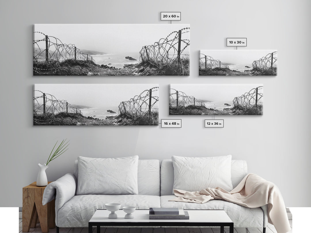 Barbed Coast, Foggy Beach, War Fence, Ocean Boundary, Framed Canvas Print, Industrial Wall Art, Living Room Decor, Black and White Art