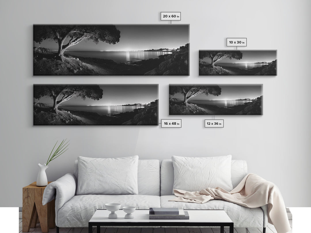 Coastal Night, Tree Silhouette, City Horizon, Framed Canvas Print, Moody Landscape Art, Modern Living Room Wall Decor