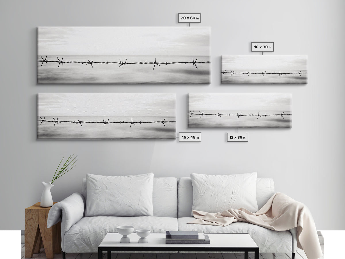 Barbed Wire, Ocean Horizon, Minimal Seascape, Stark Contrast, Framed Canvas Print, Modern Office Art, Minimalist Style, Black and White Art