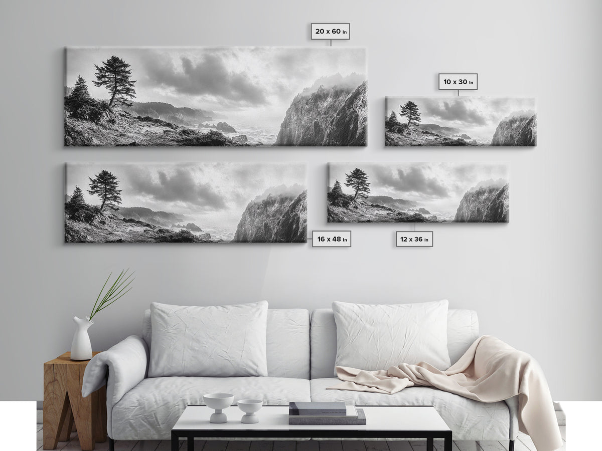 Ocean Cliff, Pine Trees, Foggy Coast, Canvas Print, Dramatic Nature Wall Art, Rustic Cabin Decor, Black and White Landscape
