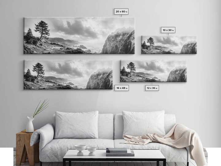 Ocean Cliff, Pine Trees, Foggy Coast, Canvas Print, Dramatic Nature Wall Art, Rustic Cabin Decor, Black and White Landscape