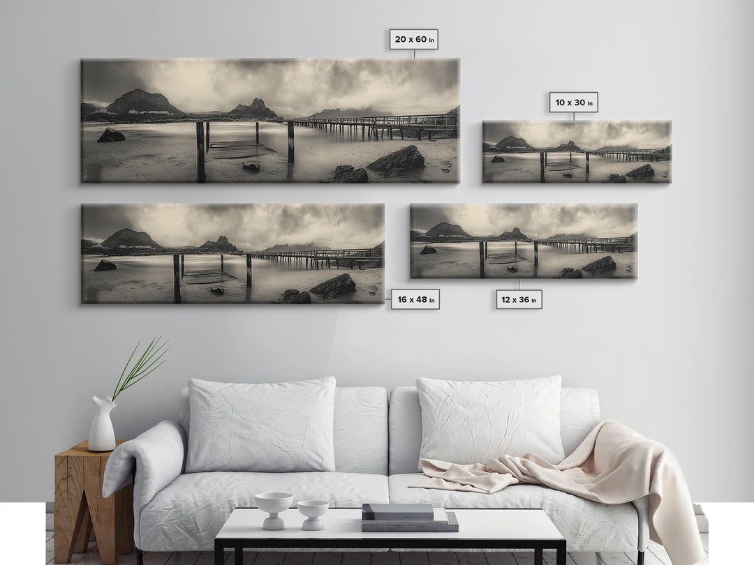 Dockside Calm, Stormy Shore, Ocean Jetty, Framed Canvas Print, Moody Coastal Wall Art, Living Room Art, Rustic Lakehouse Decor