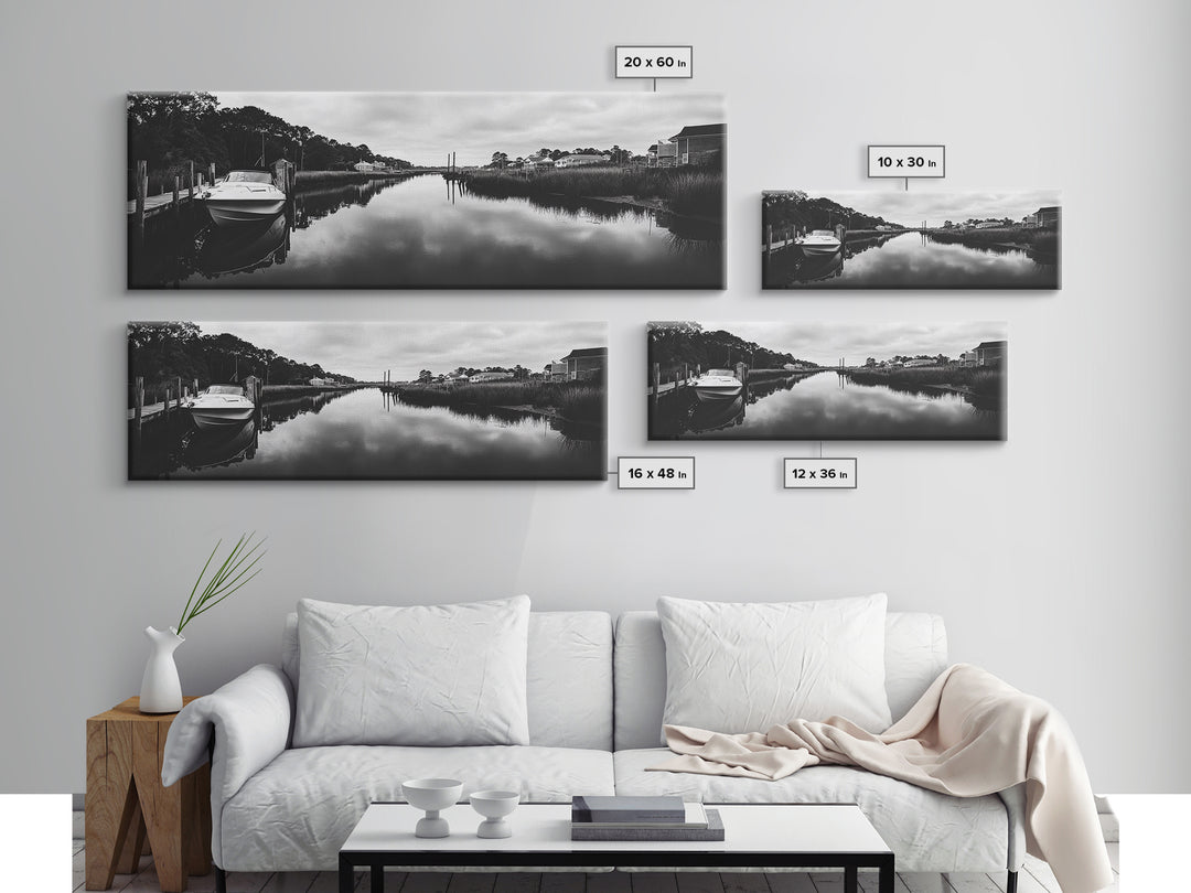 Boat Dock, Quiet Bay, Marina Reflections, Framed Canvas Print, Nautical Wall Art, Lakehouse Decor, Minimalist Coastal Vibes, Black White Art