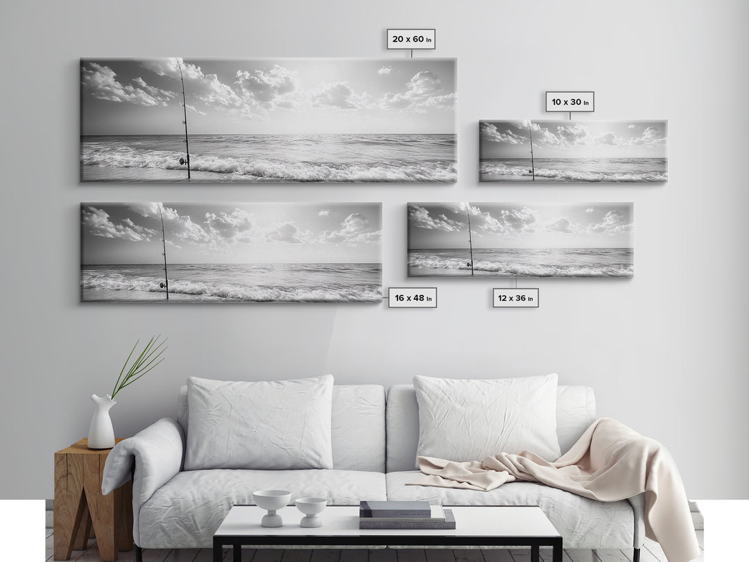 Beach Fishing, Ocean Waves, Rod and Reel, Framed Canvas Print, Coastal Living Wall Art, Minimalist Nautical Decor, Beach House Aesthetic