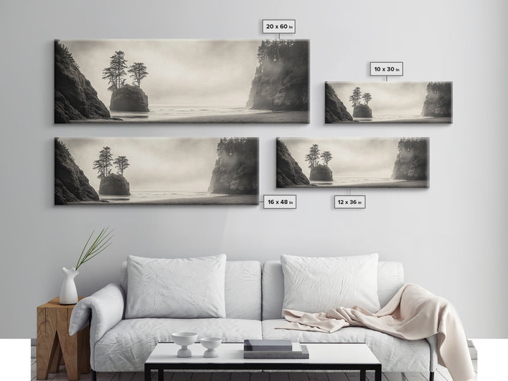 Foggy Beach, Coastal Pines, Ocean Cliffside, Nature Escape, Framed Canvas Print, Moody Wall Art, Living Room Decor, Pacific Northwest Style
