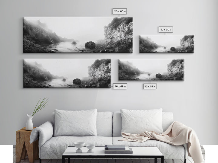 Rocky Cove, Coastal Mist, Foggy Morning, Cliffside Ocean, Canvas Print, Monochrome Wall Art, Bathroom Art, Minimalist Photography