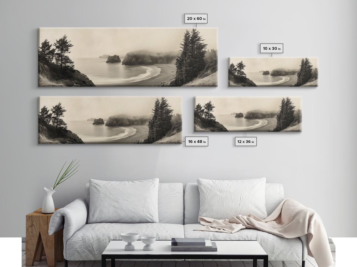 Misty Bay, Forested Coast, Moody Landscape, Serene Shoreline, Framed Canvas Print, Coastal Wall Art, Bedroom Decor, Earthy Tones