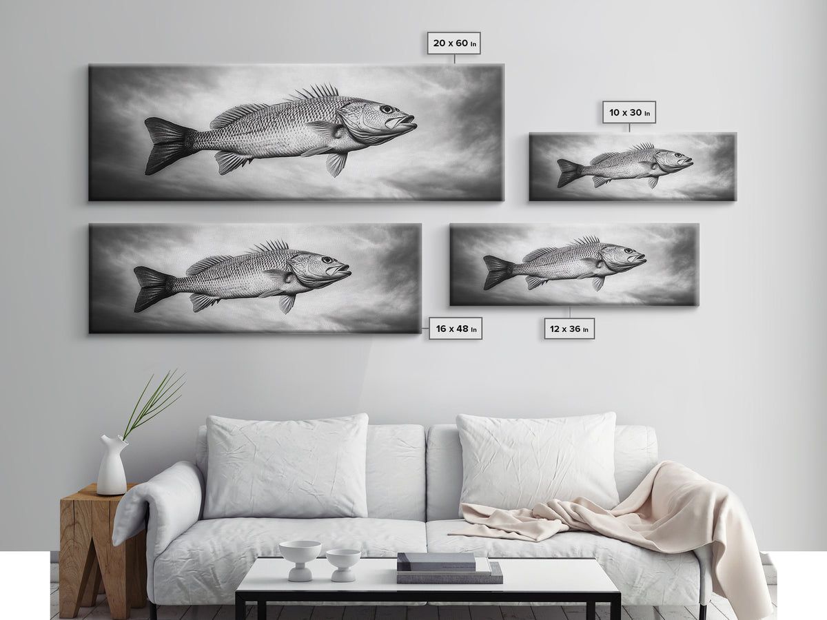 Floating Fish, Surreal Ocean, Realistic Scales, Sky Scene, Framed Canvas Print, Nautical Wall Art, Coastal Decor, Fishing Cabin Aesthetic