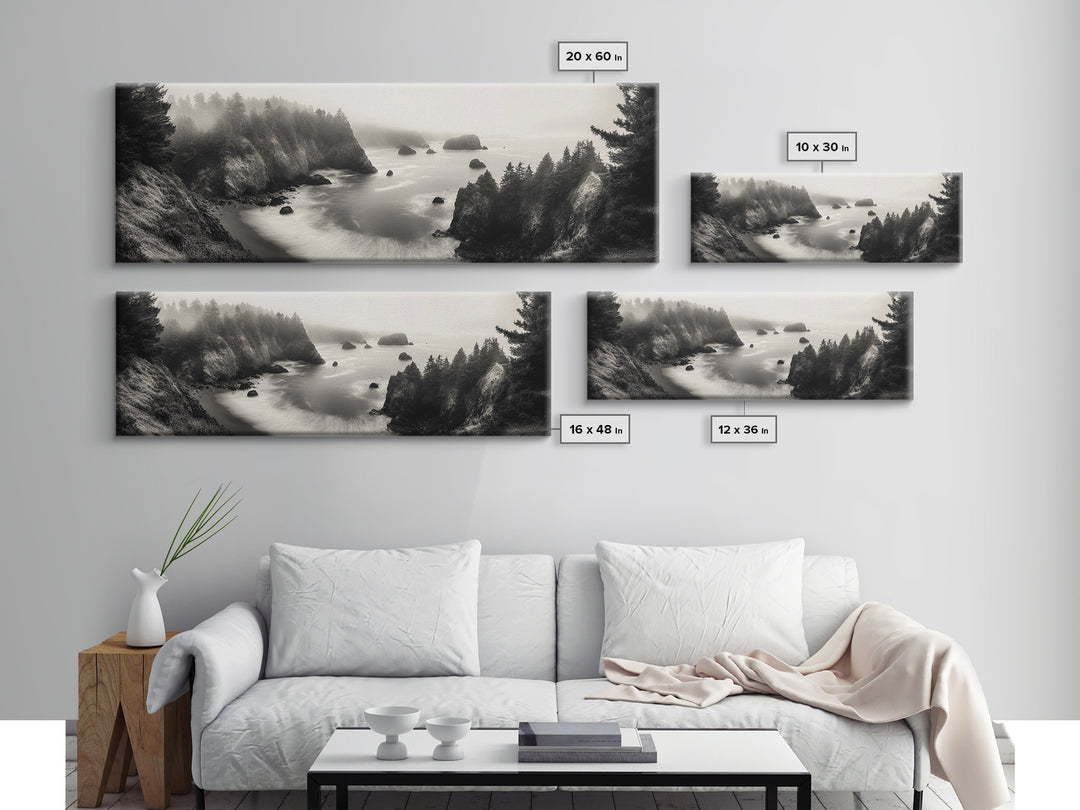Ocean Rocks, Foggy Horizon, Coastal Cliffs, Dreamy Seascape, Canvas Print, Moody Nature Art, Living Room Wall Art, Coastal Minimalism