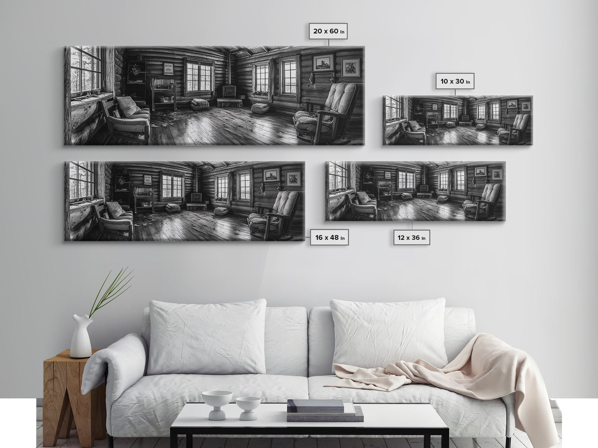 Rustic Cabin, Cozy Interior, Nature Retreat, Framed Canvas Print, Living Room Wall Art, Black and White Photography, Lodge Decor