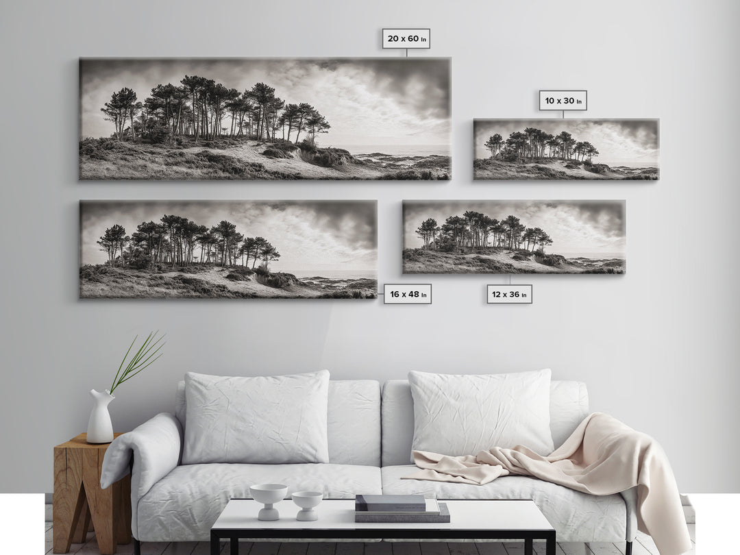 Coastal Pines, Ocean View, Windswept Trees, Framed Canvas Print, Minimalist Landscape Art, Neutral Tones, Entryway Wall Decor