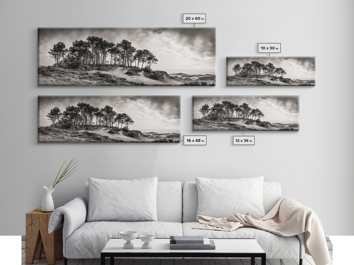 Coastal Pines, Ocean View, Windswept Trees, Framed Canvas Print, Minimalist Landscape Art, Neutral Tones, Entryway Wall Decor