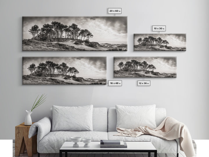 Coastal Pines, Ocean View, Windswept Trees, Framed Canvas Print, Minimalist Landscape Art, Neutral Tones, Entryway Wall Decor