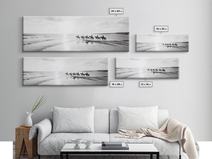 Beach Riders, Horseback Freedom, Seaside Journey, Canvas Print, Monochrome Wall Art, Coastal Living Room Decor, Nature Photography