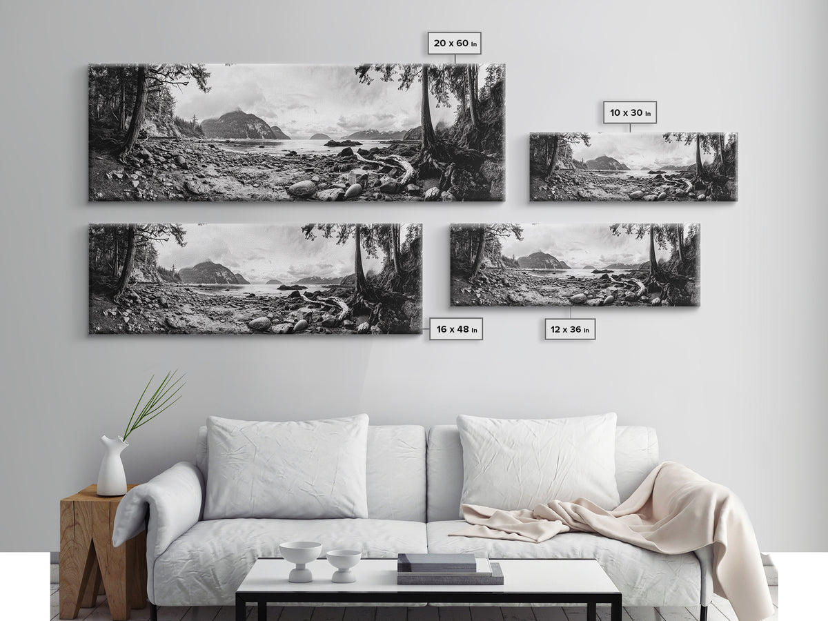 Rocky Shore, Ocean Vista, Misty Wilderness, Framed Canvas Print, Nature Wall Art, Monochrome Landscape, Cabin or Office Decor