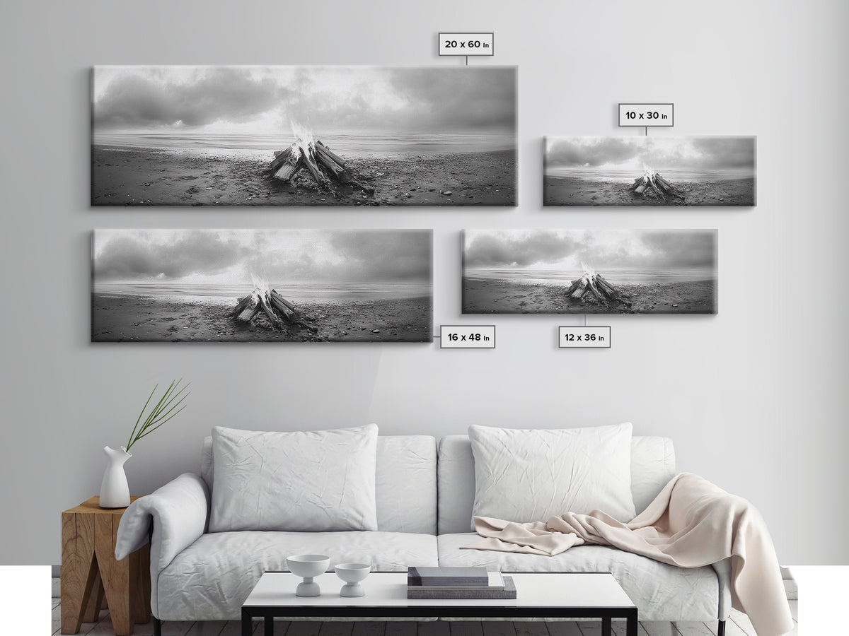 Beach Bonfire, Coastal Glow, Driftwood Fire, Ocean Calm, Framed Canvas Print, Fall Wall Art, Living Room Decor, Nature Photography Style