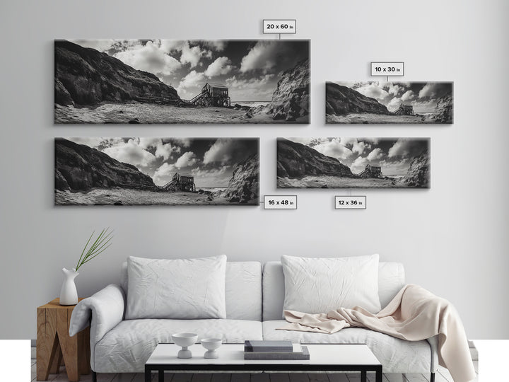 Cliff House, Ocean Cabin, Windy Coast, Framed Canvas Print, Moody Landscape Art, Rustic Wall Decor, Autumn Entryway Art