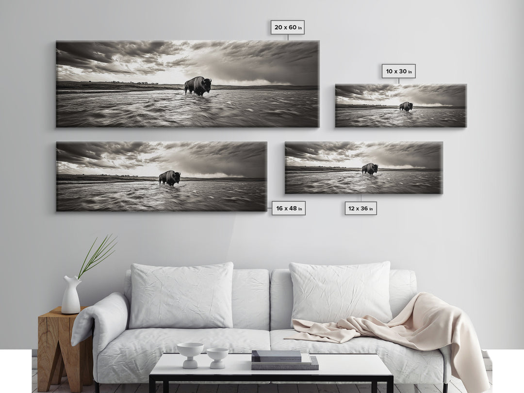 Bison River, Prairie Storm, American West, Framed Canvas Print, Rustic Nature Art, Fall Living Room Decor, Wildlife Photography