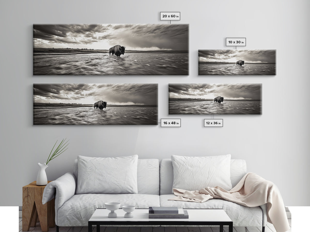 Bison River, Prairie Storm, American West, Framed Canvas Print, Rustic Nature Art, Fall Living Room Decor, Wildlife Photography