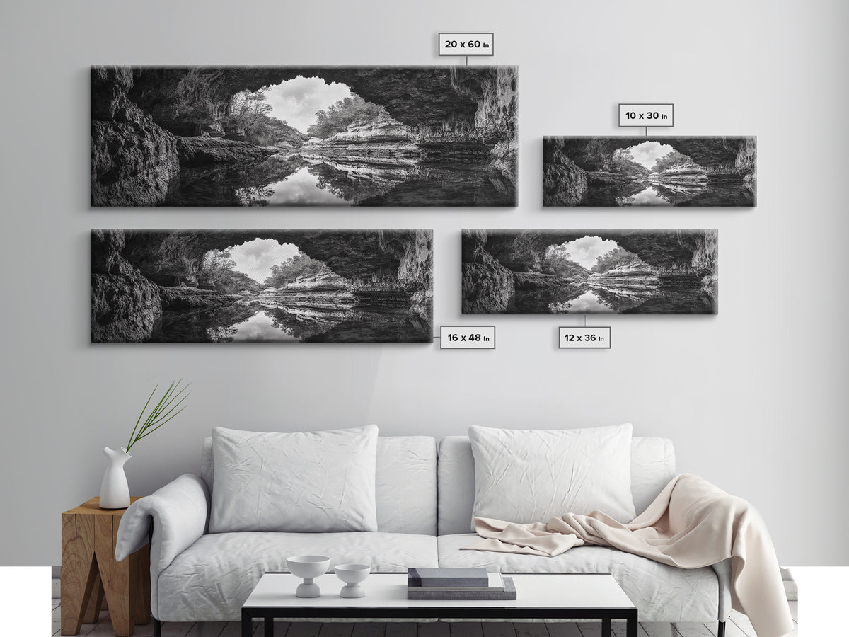 Cave Opening, Reflected Water, Nature Frame, Canvas Print, Monochrome Landscape, Natural Wall Art, Earthy Bathroom Art, Den Decor