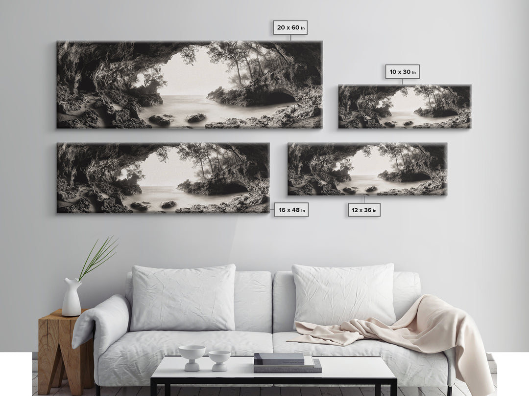 Ocean Cave, Coastal Trees, Natural Light, Canvas Print, tranquil coastal wall art, bedroom boho decor, dreamy nature scene artwork