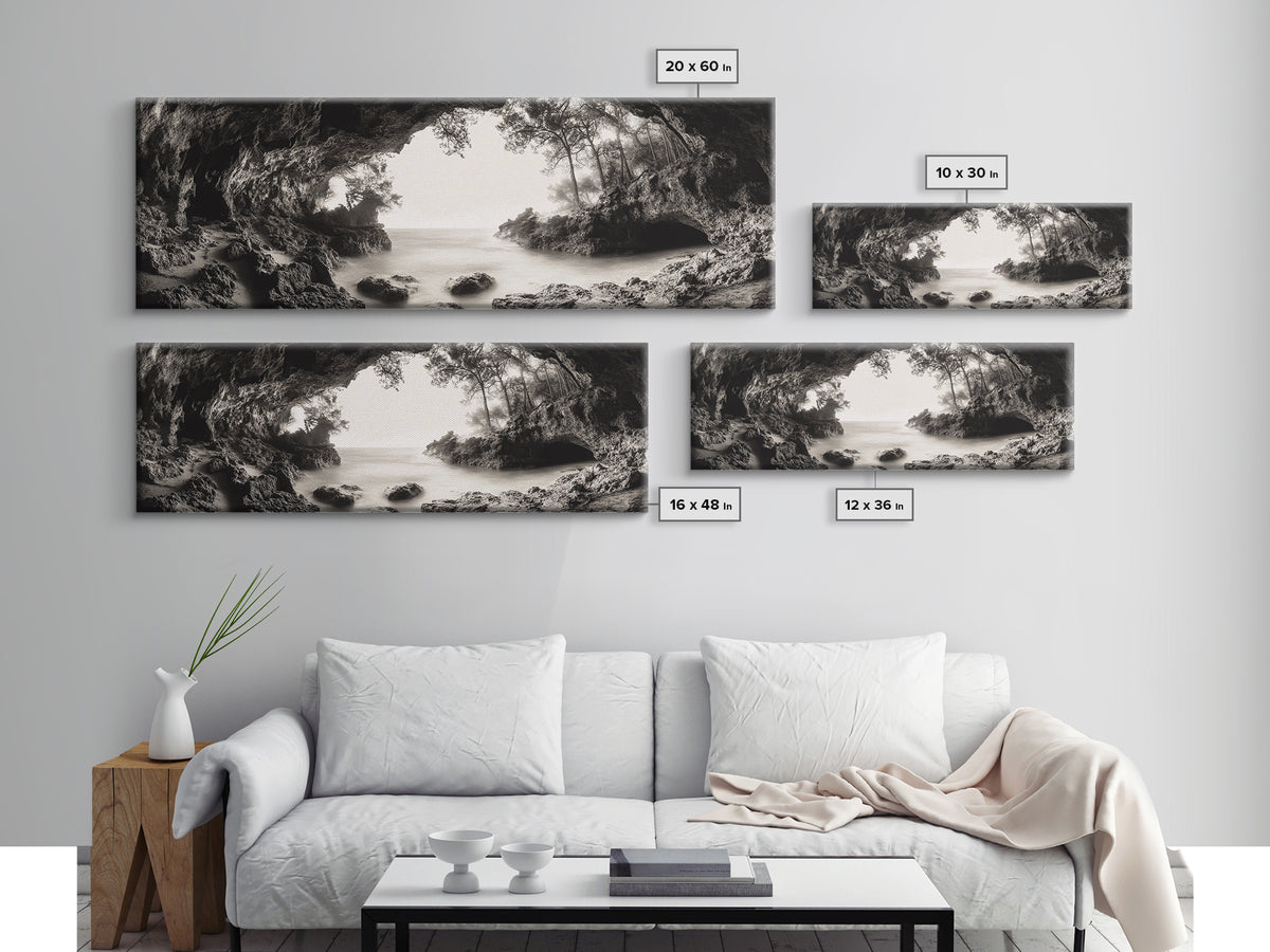 Ocean Cave, Coastal Trees, Natural Light, Canvas Print, tranquil coastal wall art, bedroom boho decor, dreamy nature scene artwork