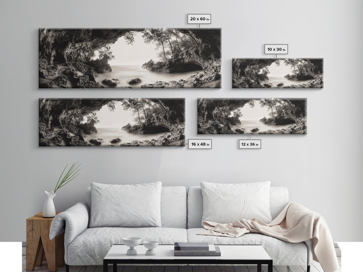 Ocean Cave, Coastal Trees, Natural Light, Canvas Print, tranquil coastal wall art, bedroom boho decor, dreamy nature scene artwork